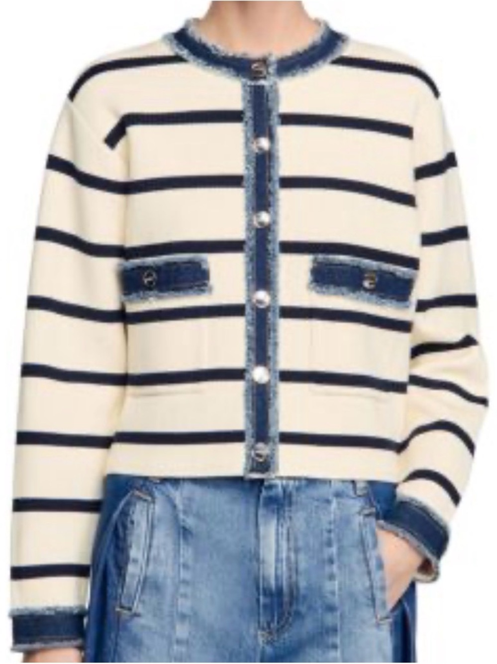 Jason Wu Cream & Navy Striped Knit Jacket with Denim Trim